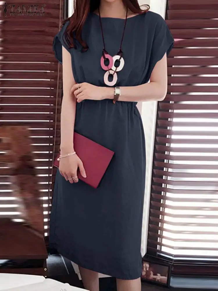 

ZANZEA Women High Waist Dress Summer O Neck Sleeveless Vestidos Casual Solid Office Work Dresses Fashion Holiday Beach Sundress