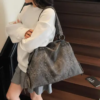 Borsa tote da donna di grande capacità, borsa a tracolla dal design retrò in tinta unita, borsa a tracolla leggera in stile coreano, per uso da viaggio