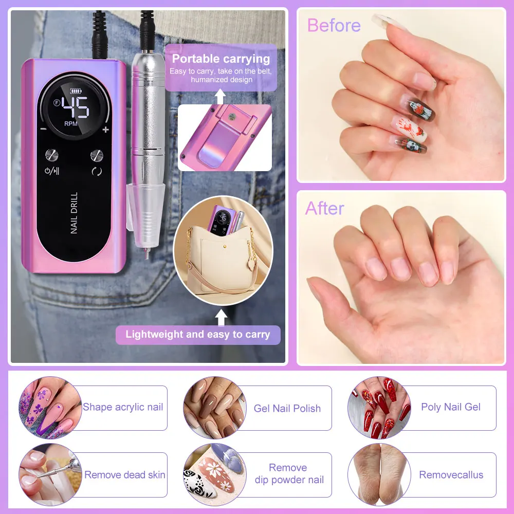 45000RPM Rechargeable Nail Drill Machine with LCD, Low Noise Professional Nail Polish Sander, Nails Accessories Set 3