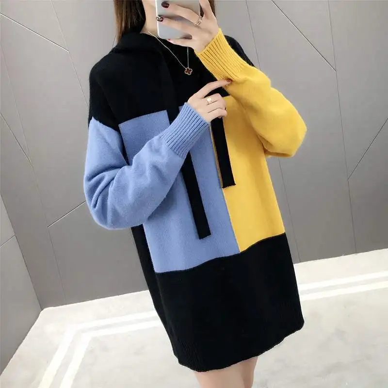 

Women Fashion Color Block Hooded Knitted Sweater Pullover Tops Autumn Winter Loose Casual Long Sleeve Ladies Bottoming Knitwear