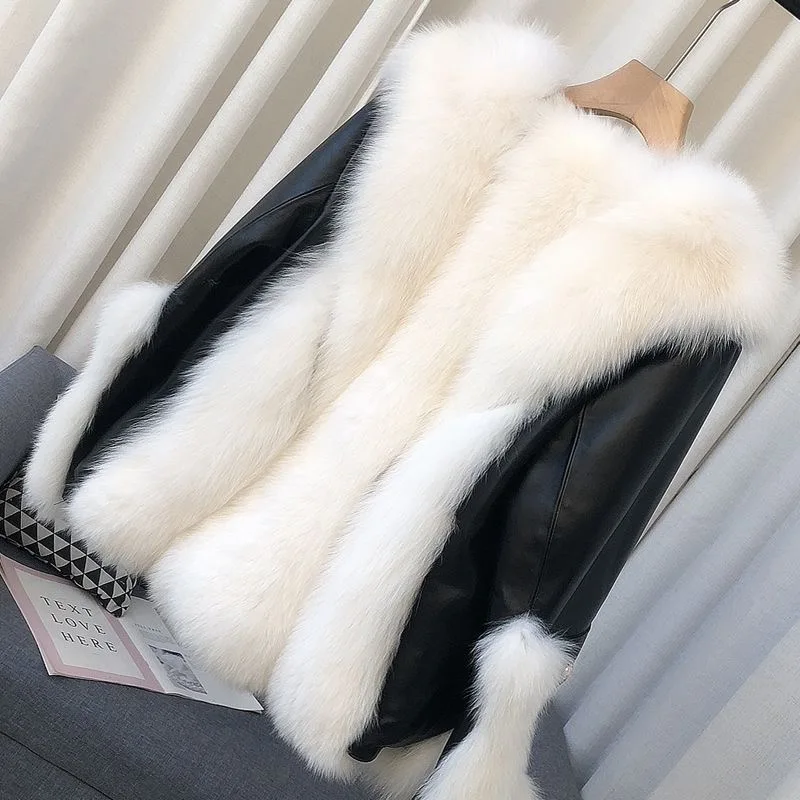 2023 New Whole Leather Imitation Fox Fur Color Contrast Fur Coat for Women's Short New Color Contrast Down Coat