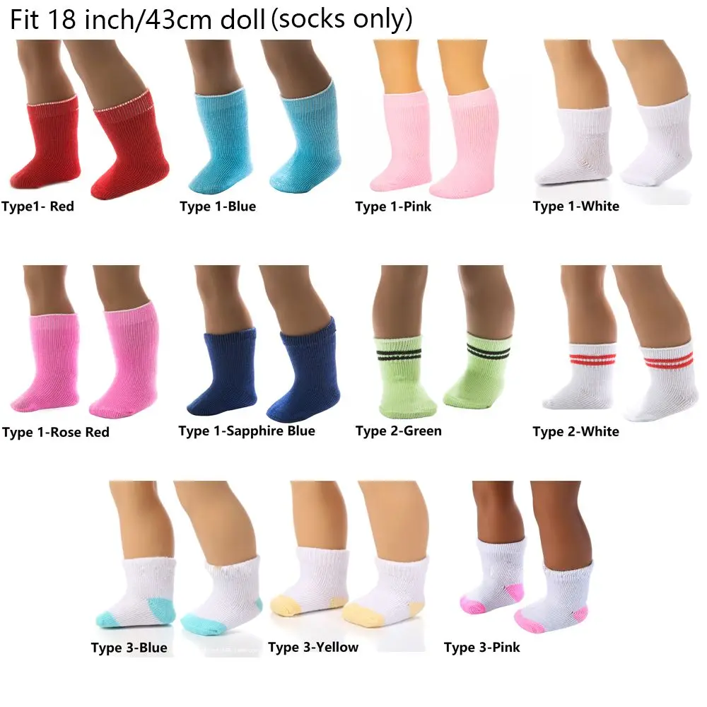 Par de meias de cor sólida para boneca americana, acessórios para bebê recém-nascido, roupas para crianças, presentes, 18 polegadas, 43cm