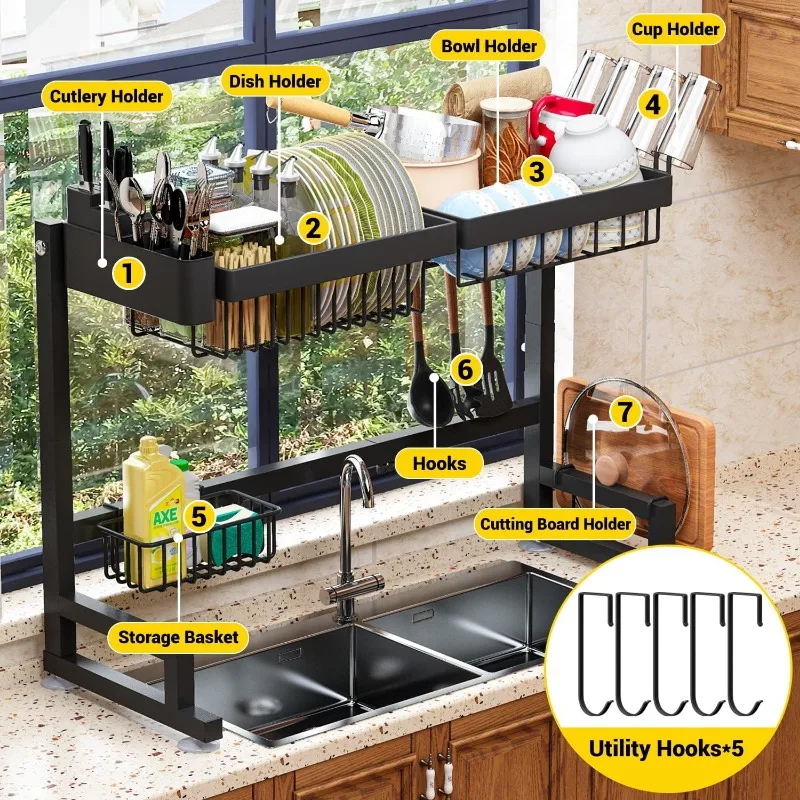 Over Sink Dish Drying Rack Snap-On Design Large Dish Drainer Storage24" - 35.5"(L) x 12"(W) x 19" - 22"(H) 6