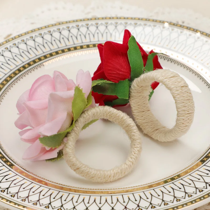 Napkin Ring 6pcs/lot Artificial Flower Napkin Rings Faux Rose Napkin Ring Serviette Buckles Holder Table Decoration Wedding Valentine's Day