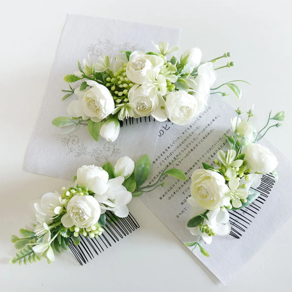 Aritficial White Flowers Bridal Headwear for Wedding Bridesmaid Silk Rose Hair Comb Set Florals Bridal hair wedding accessories