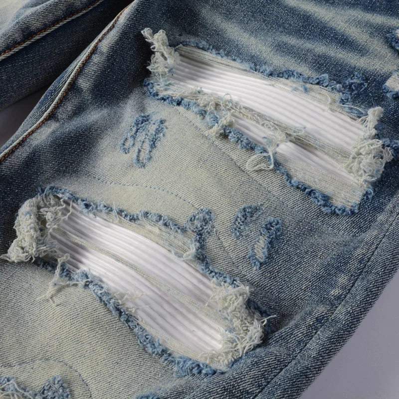 High Street Fashion Men Jeans Retro Blue Stretch Skinny Fit Ripped Jeans Men Leather Patched Designer Hip Hop Brand Pants Hombre