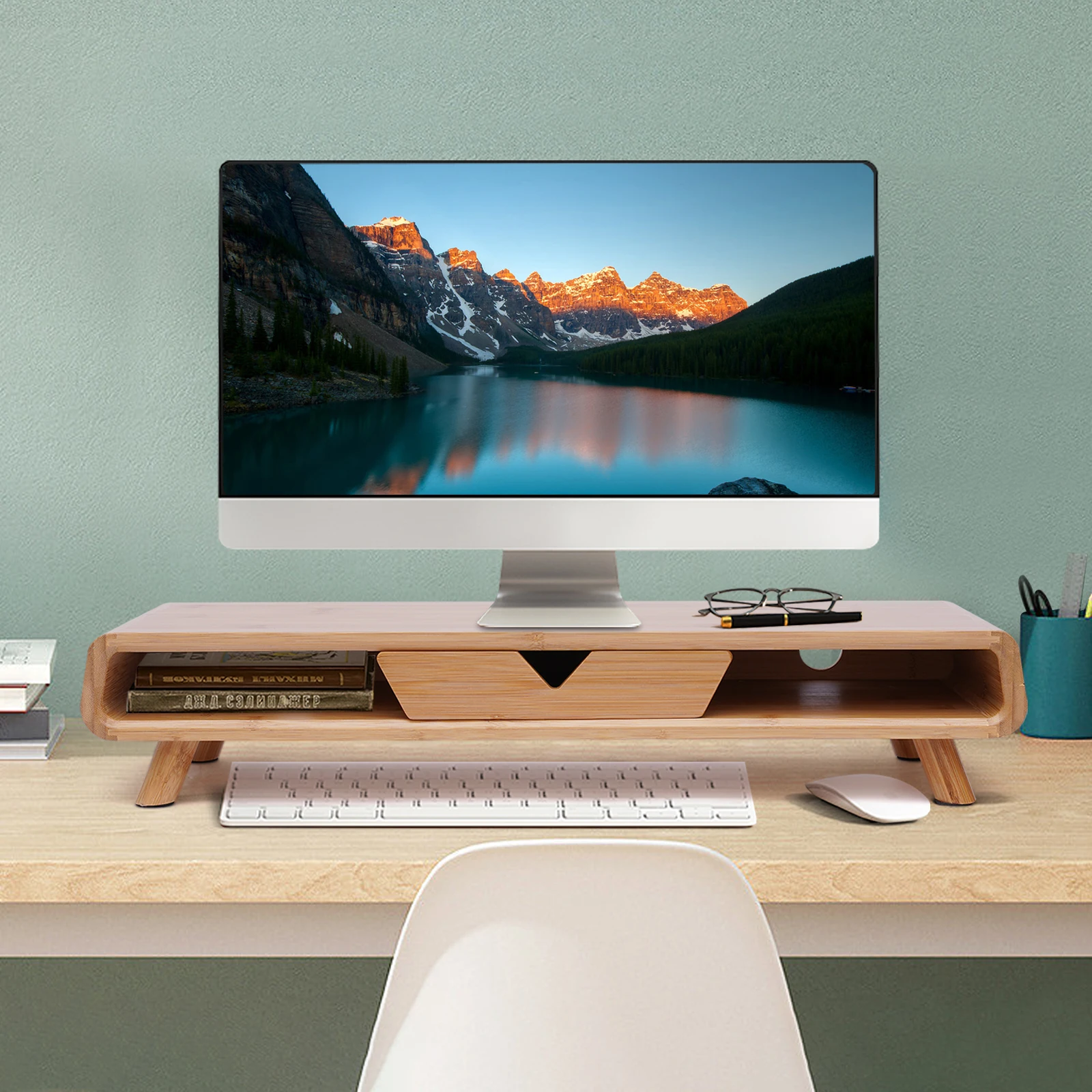 Description Picture 6 of item2-Tiers Bamboo Monitor Stand Stand Riser Desk Organizer Laptop Stand Desktop Bamboo Wood Monitor Stand