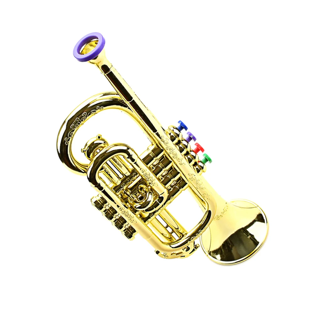 Professional Metallic Gold Trumpet Musical Educational Toy ABS Trumpet Toy with 4 Colored Keys Simulation Instrument Child Gift