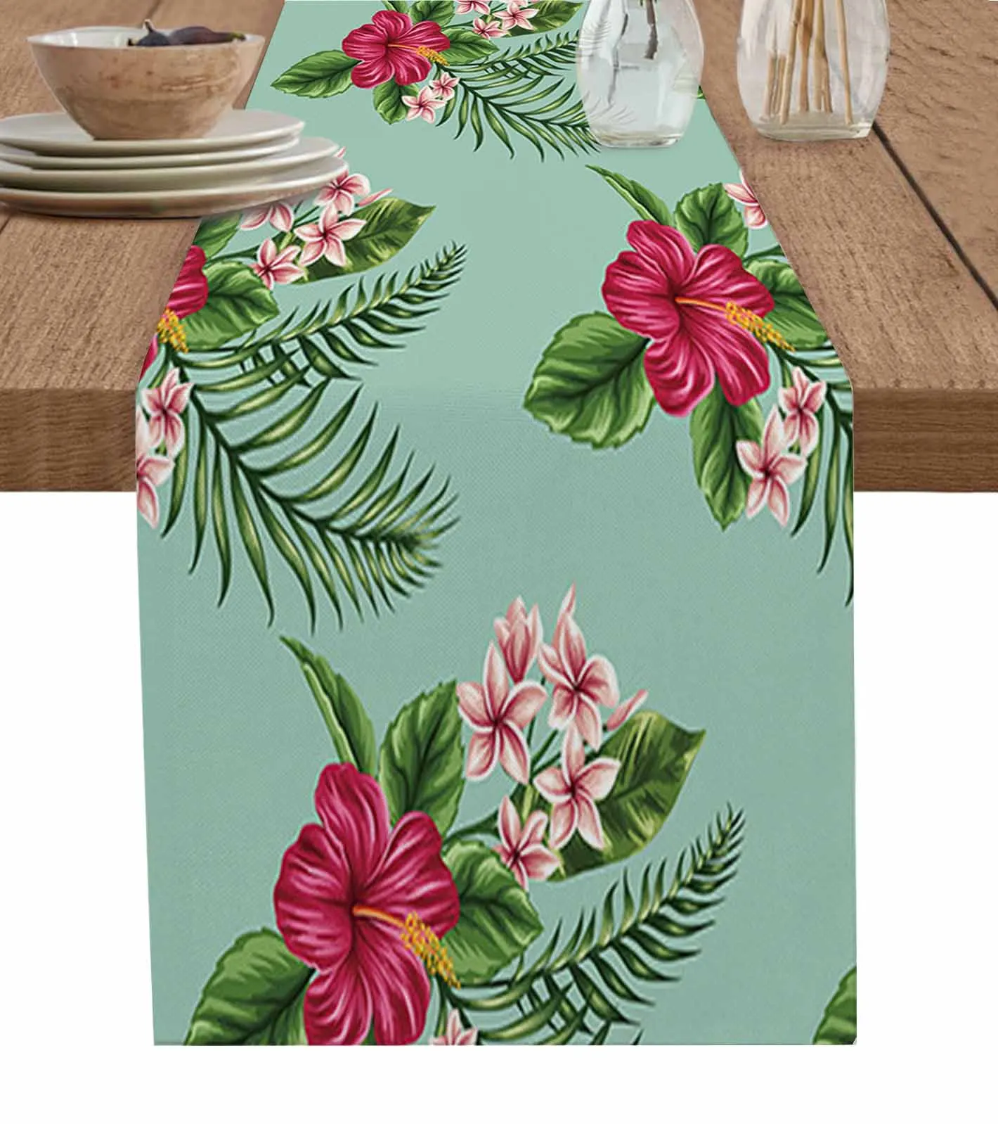 

Tropical Plant Leaves Hibiscus Flower Linen Table Runner Kitchen Table Decoration Dining Tablecloth Wedding Party Decor