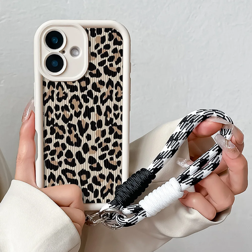 Stylish Leopard Pattern Lanyard Phone Case with Wrist Strap and Shockproof Soft TPU Back Cover