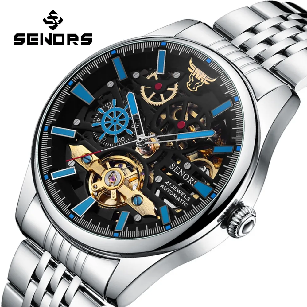 SENORS SN203 Men`s Watch Automatic Mechanical Watches Men Skeleton Tourbillon Sapphire Glass Clock Hollow Wrist watches Luminous