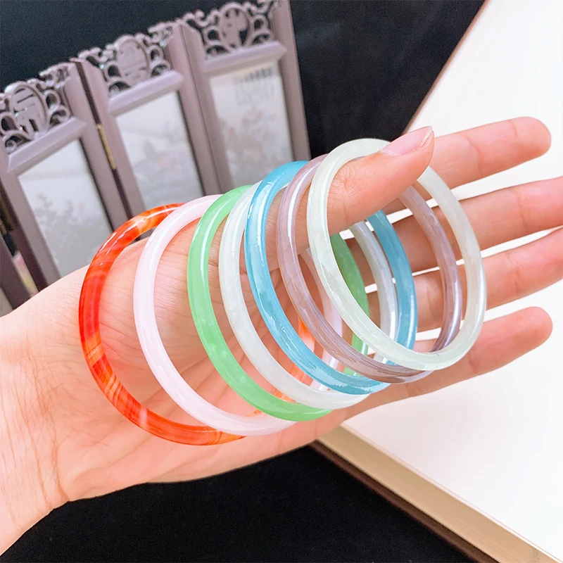Natural Thin Bangle Bracelet Handcarved Agate Glass Jadeite Jade Jewelry For Women