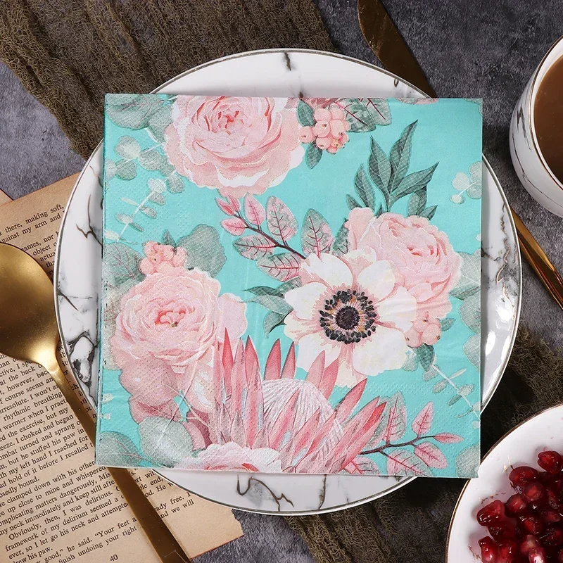 20pcs/pac 2-Ply New Blue Imperial Flower Printed Paper Napkins Colorful Wedding Party Hotel Paper Pure Wood Pulp Placemats