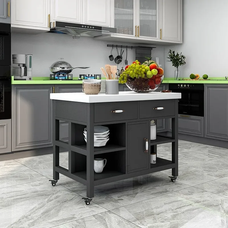 Open marble kitchen island table material table removable side cabinet wrought iron light luxury dining storage tabl