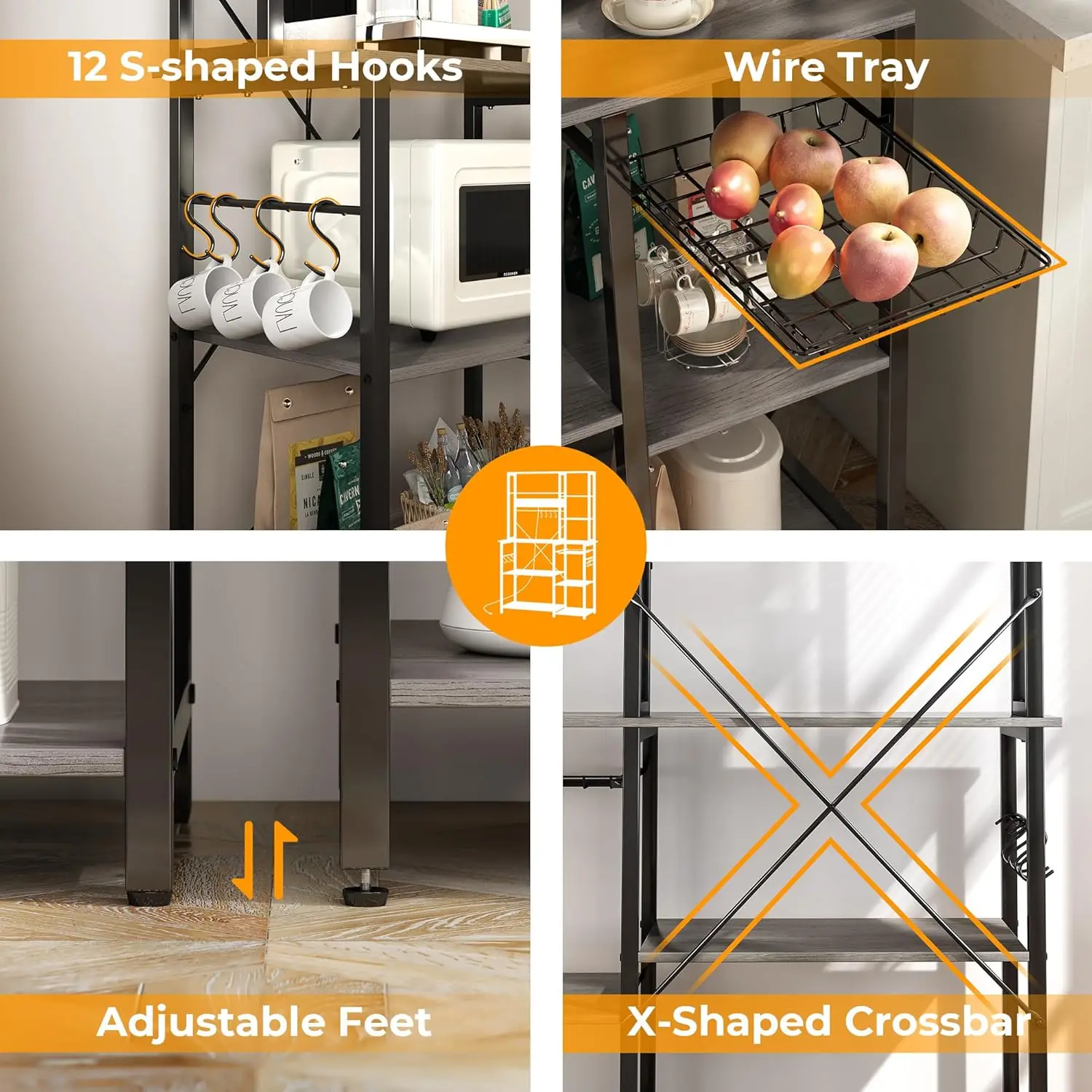 Bakers Rack with Power Outlets, 6-Tier Microwave Stand, Coffee Bar with 12 S-Shaped Hooks, Kitchen Shelf Wi