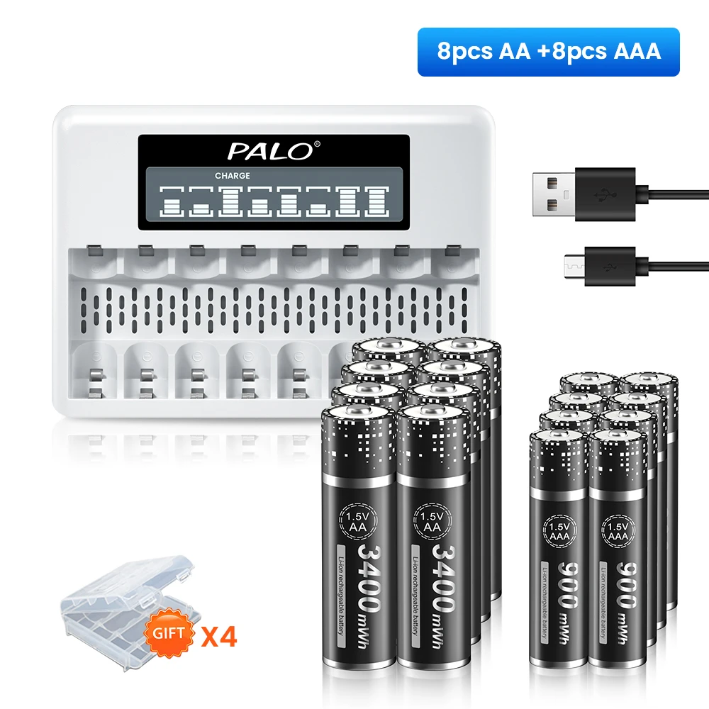 PALO 1.5V AAA+AA Li-ion Rechargeable Battery AA AAA Lithium ion Batteries AAA AA Cell With 8 slots 1.5V AA AAA Charger