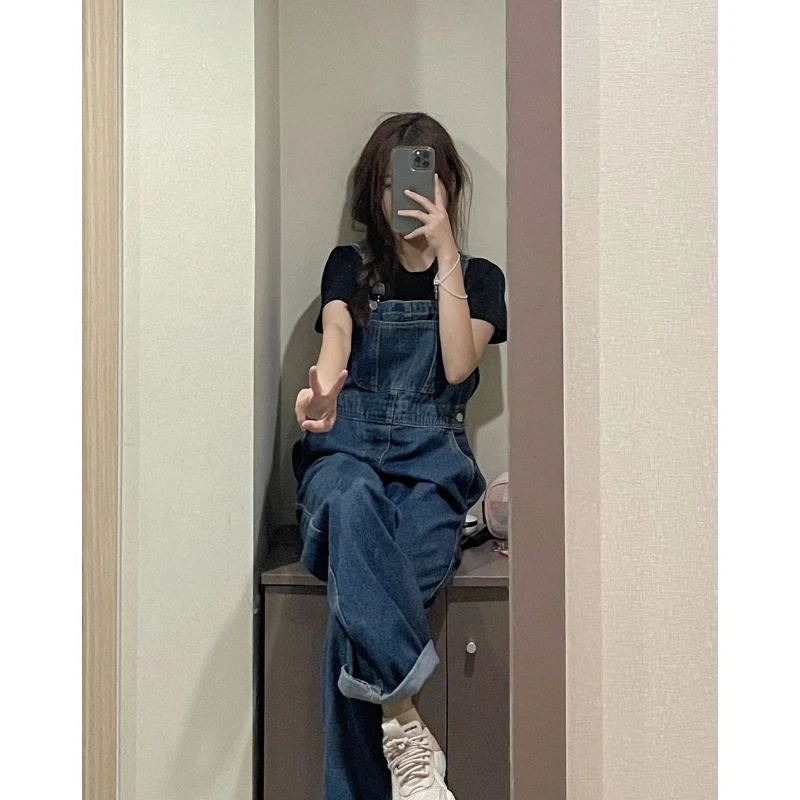 

Wide-Leg Jumpsuits Women's Blue Denim Pant Overalls Female Loose Fashion High-Waist New Summer Pocket Denim Jumpsuits Pants G340