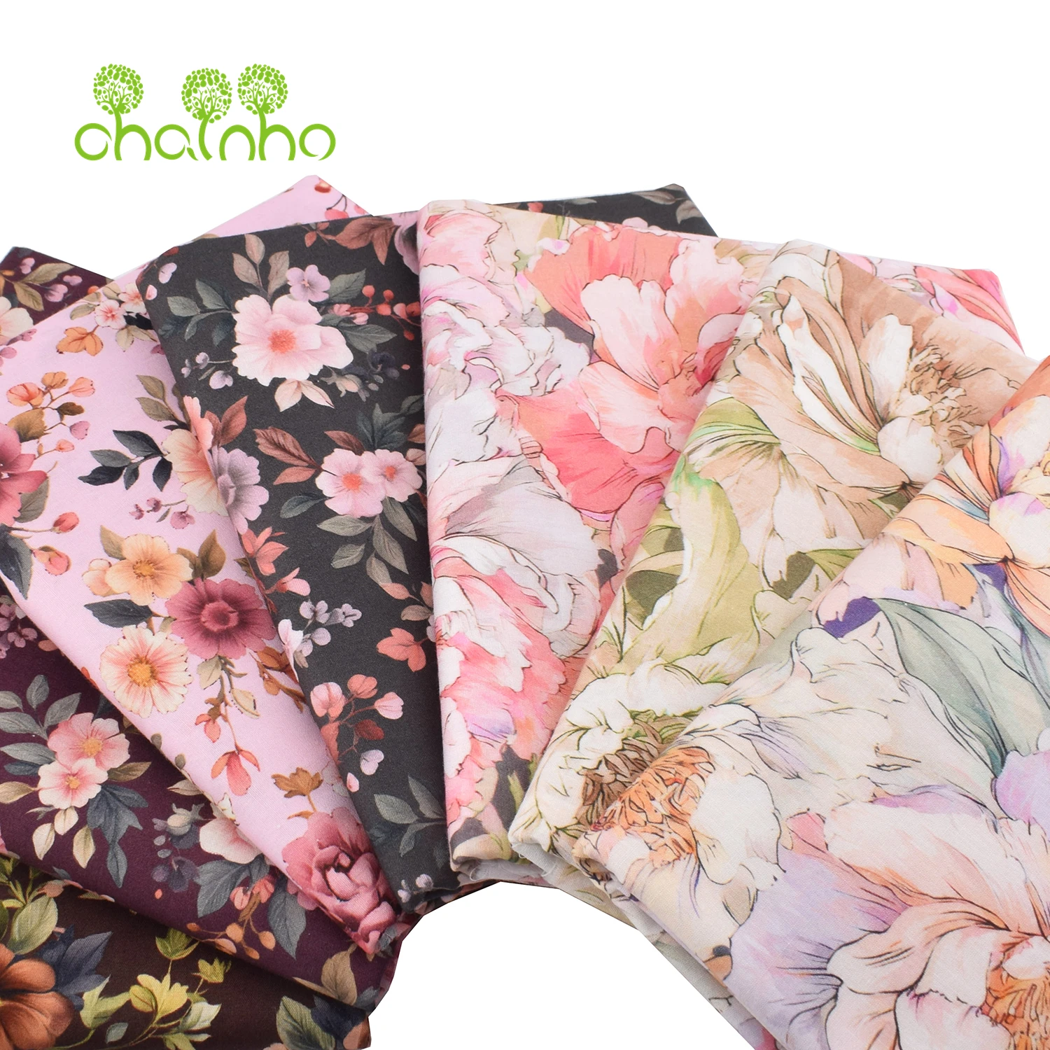 Chainho,Printed Plain Weave Poplin Cotton Fabric,DIY Quilting Sewing Material,Patchwork Cloth,Floral Series,2 Sizes,15PC234