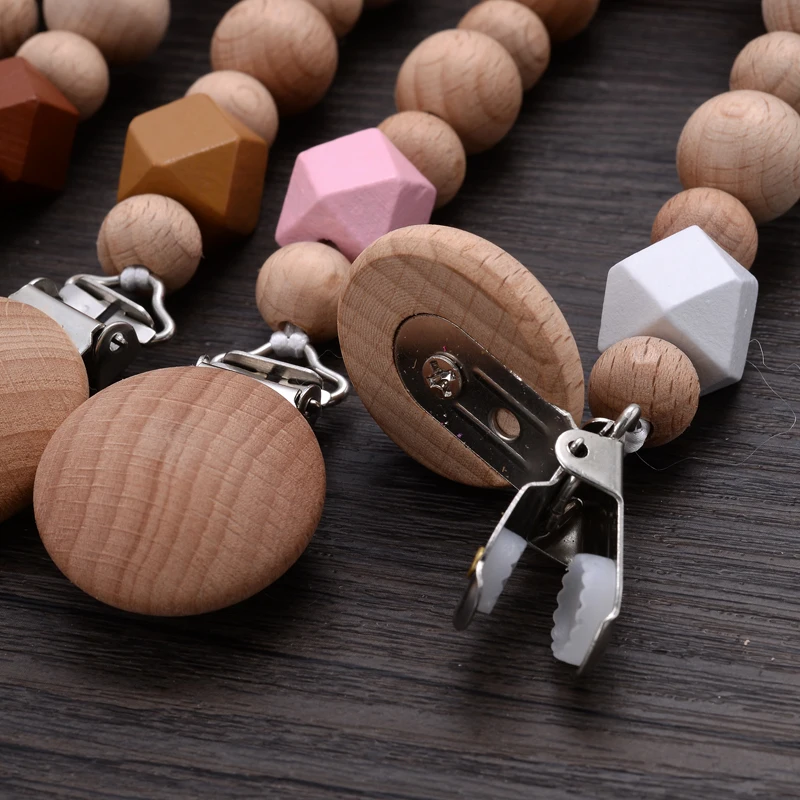 Baby Beech Teether Pacifier Chain Cartoon Animal Handmade Wood Teether Chain Baby Pacifier Clips Nipple Clip Teething Chew Toys 6