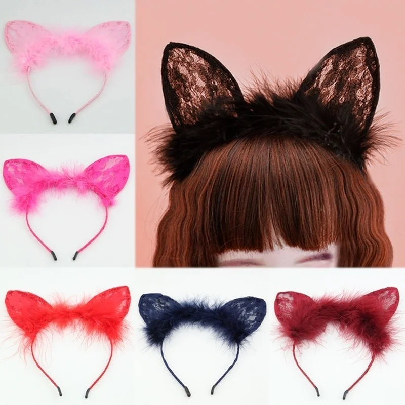 Neue 1Pc Katze Ohren Federn Spitze Fuchs Ohren Stirnbänder Frauen Nette Kostüm Kinder Haarbänder Dance Party Headwear Haar Zubehör