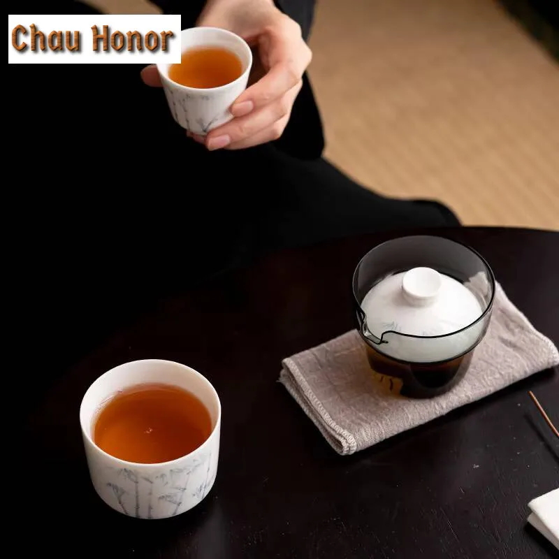 Handdrawn Bamboo Porcelain Tea Set Kit Japanese Tea Tools Set 1 Pot 2 Cups Tea Maker Camping Travel Tea Set Stock Bags Cha Gift