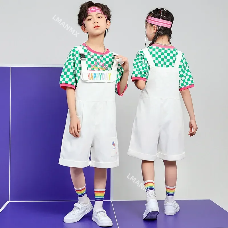Kids Hip Hop Streetwear Plaid T Shirt White Overall Girls Jazz Dancing Costume Children Cheerleading Show Clothes 6 8 10 12 14Y