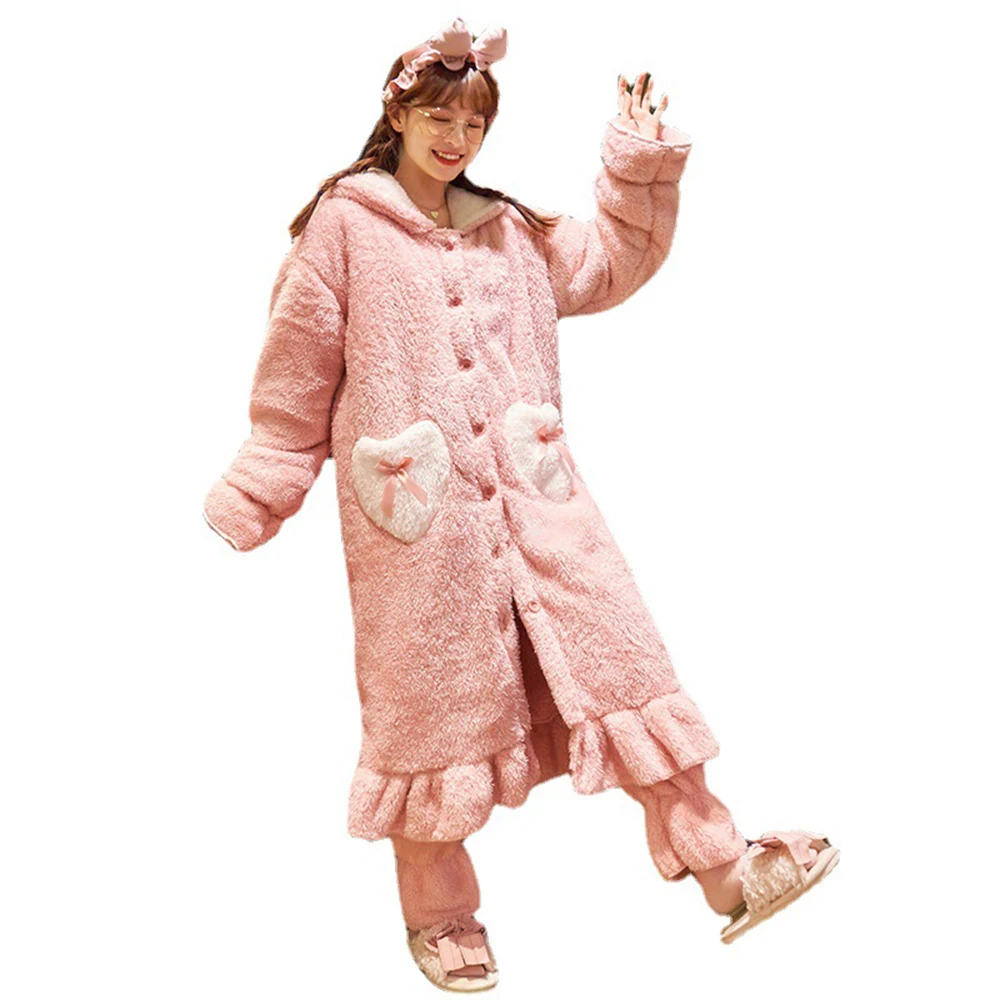 Women Winter Thick Warm Kawaii Cartoon Pajamas Set Flannel Nightgown Suit Coral Fleece Sleepwear Girls Cute Homewear Nightwear cute bear women flannel pajamas plus fat loose long sleeve thick coral fleece homewear plus size home service suit fall winter