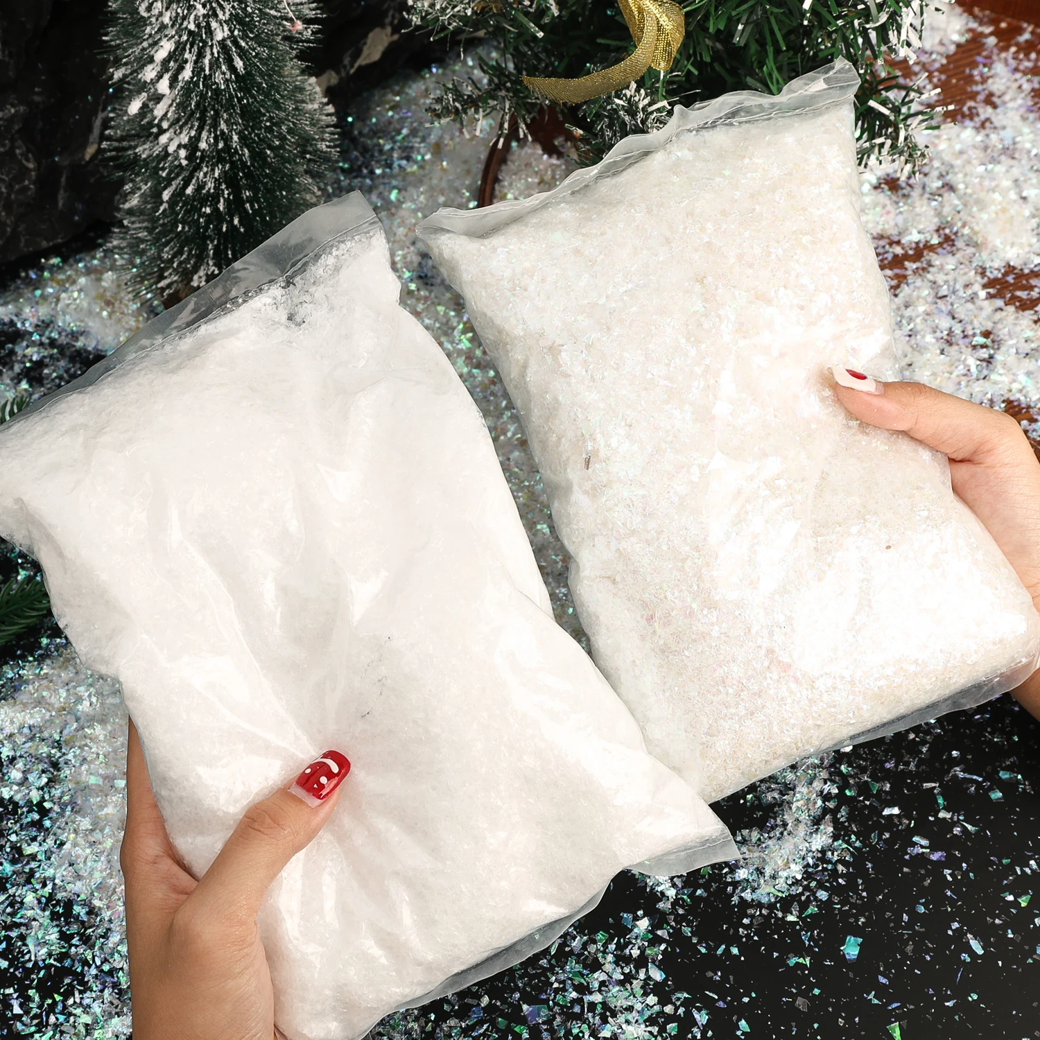 Description Picture 3 of item200G Dry White Plastic Snowflakes Christmas Flashing Fake Snow Artificial Snow Powder Winter Scene Prop DIY Decor New Year Party