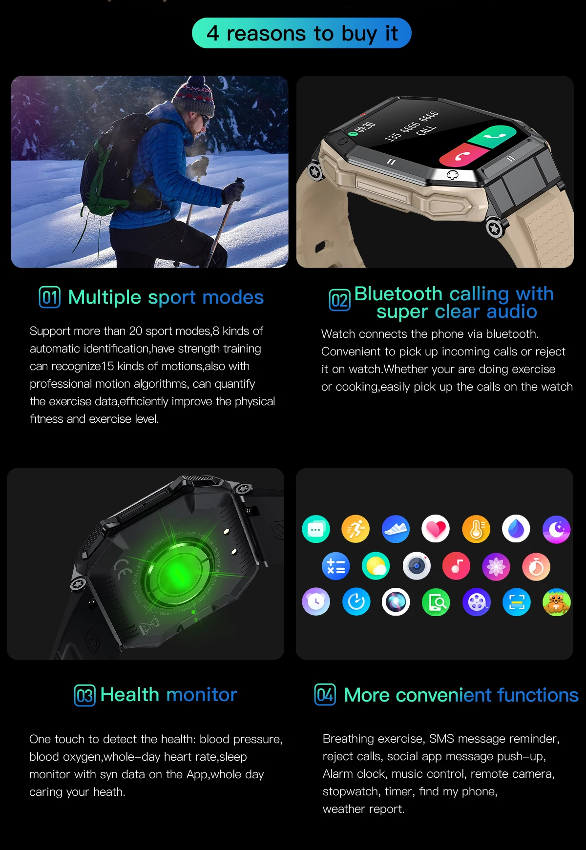 1.85inch 2022 New Military Smart Watch Men Bluetooth Call 350mAh 24H Healthy Monitor Outdoor IP68 Original Smartwatch