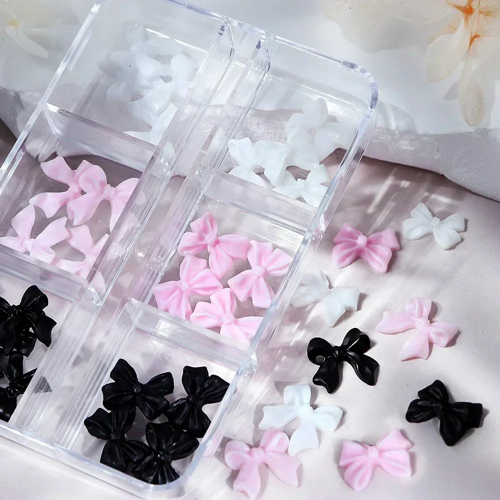 6 Grids Pink White Ribbon Bow Nail Charms Korean Parts Black Nail Art Tie Decoration Kawaii Accessories Manicure Design Supplies 3