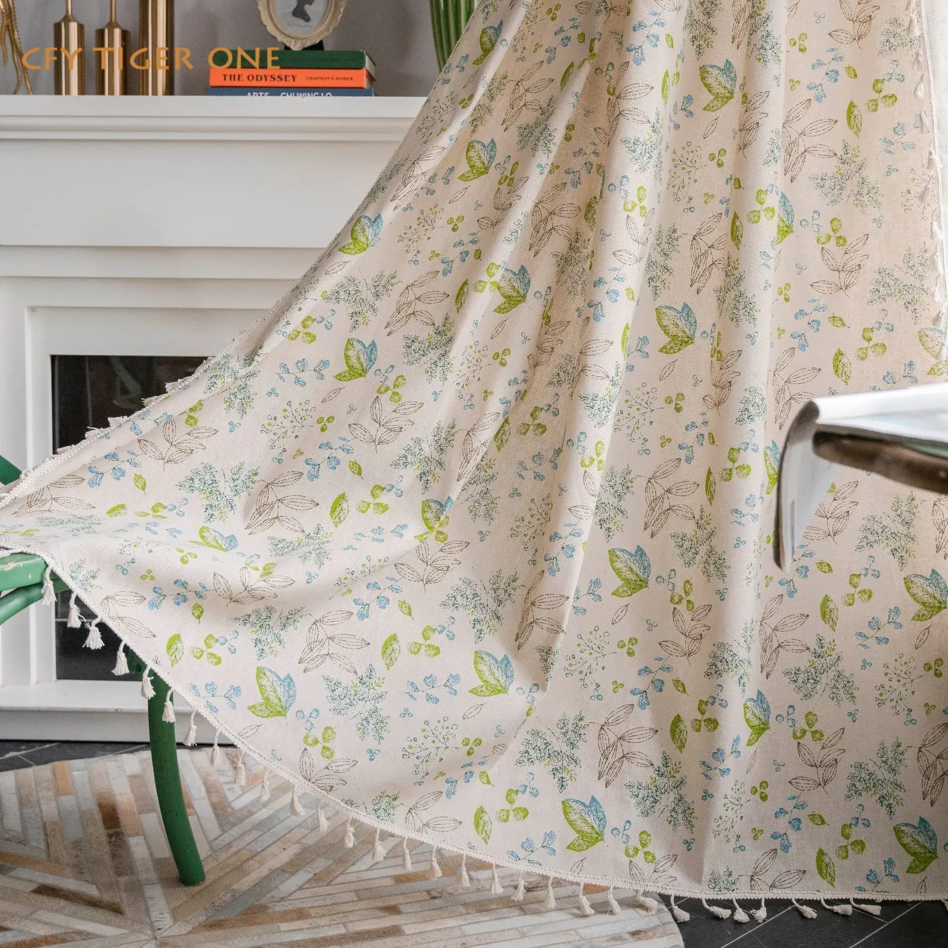 

Cotton Linen green leaves with Tassel Window Curtain Semi-shading Drapes for Living Room Bedroom Kitchen Door Drapes