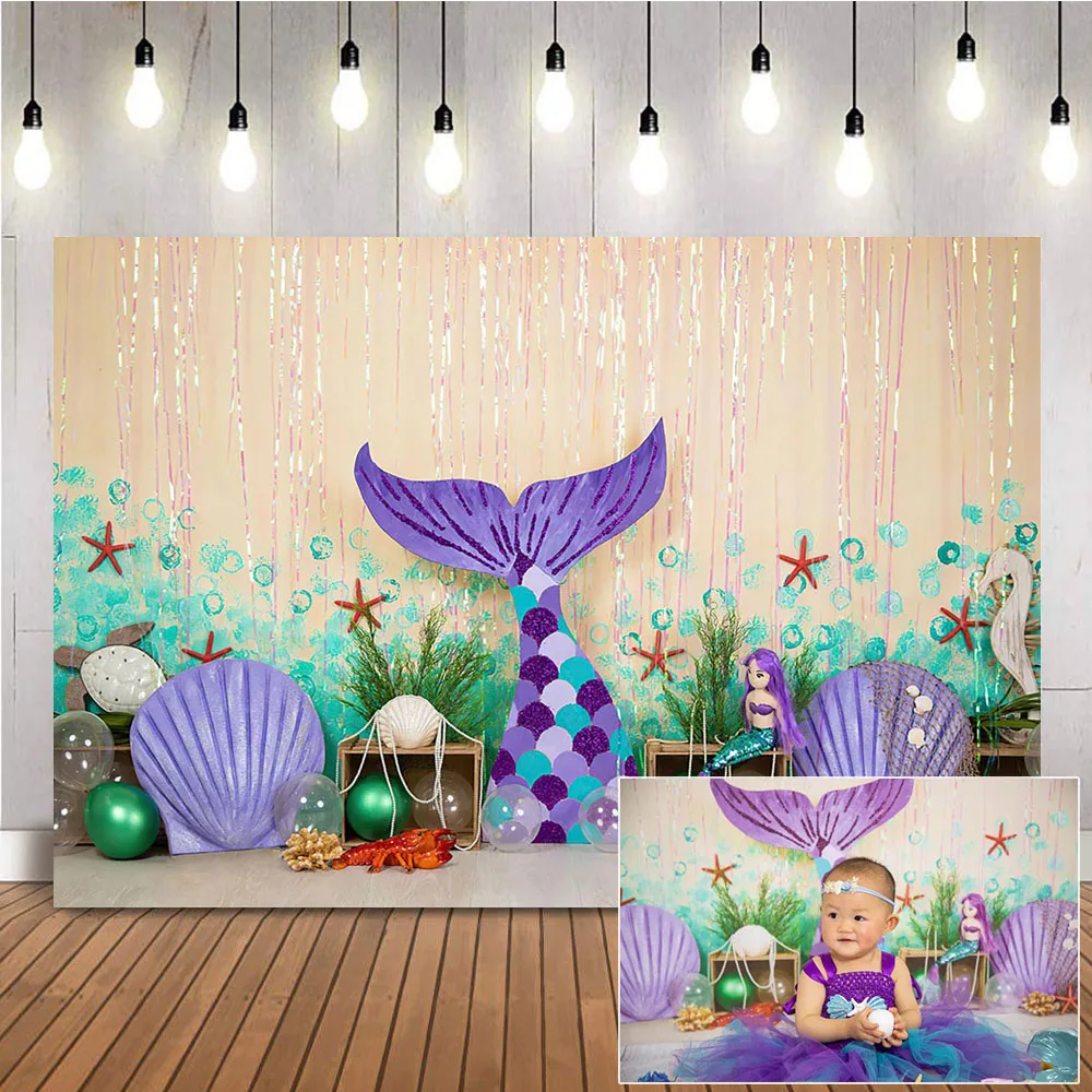 Sirena Torta Di Compleanno Smash Sfondo Piccola Principessa Sotto Il Mare Photo Booth Sfondo Photocall Viola Shell Decorazione Prop