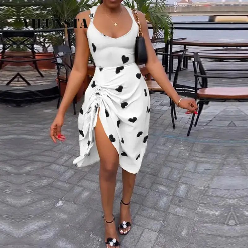 

Women Elegant Backless Dresses Sexy Vintage Heart Print Ladies Bodycon Halter Dress Summer Slim Drawstring Hem Midi Party Dress