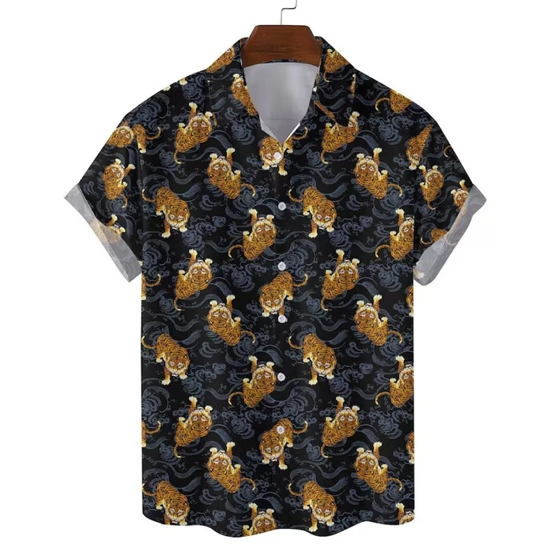 thumbnail image 1 of Camisas con estampado de tigre dominante para hombres, ropa punk, blusas con estampado 3D de animales y gatos, blusas hawaianas con solapa y botones, 1 of 5