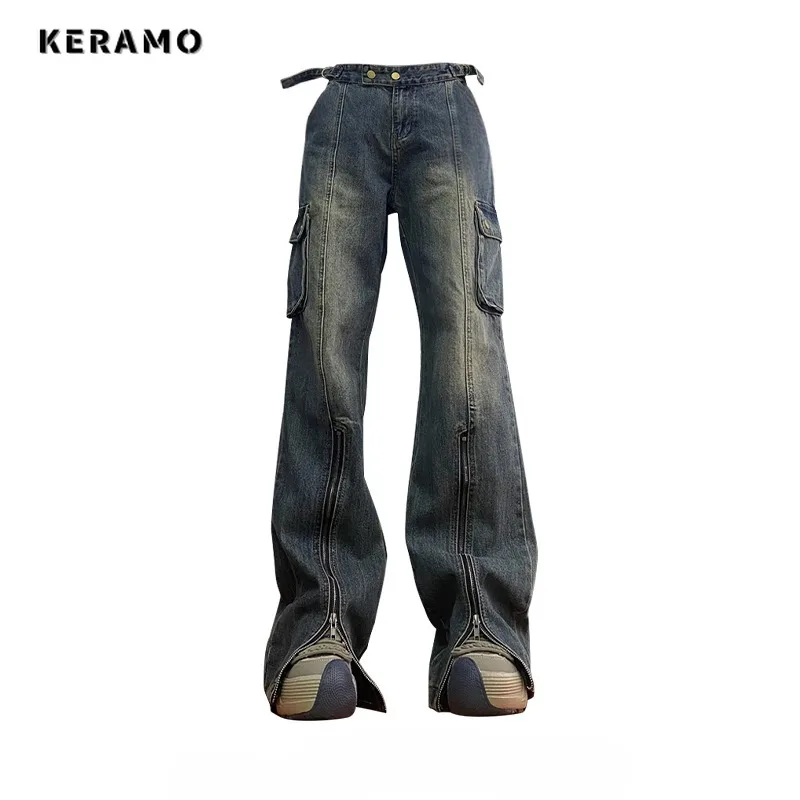 

Vintage Grunge Pockets High Waist High Street Blue Straight Jeans Pants Korean Fashion Women's Wide Leg Baggy Y2K Denim Trouser