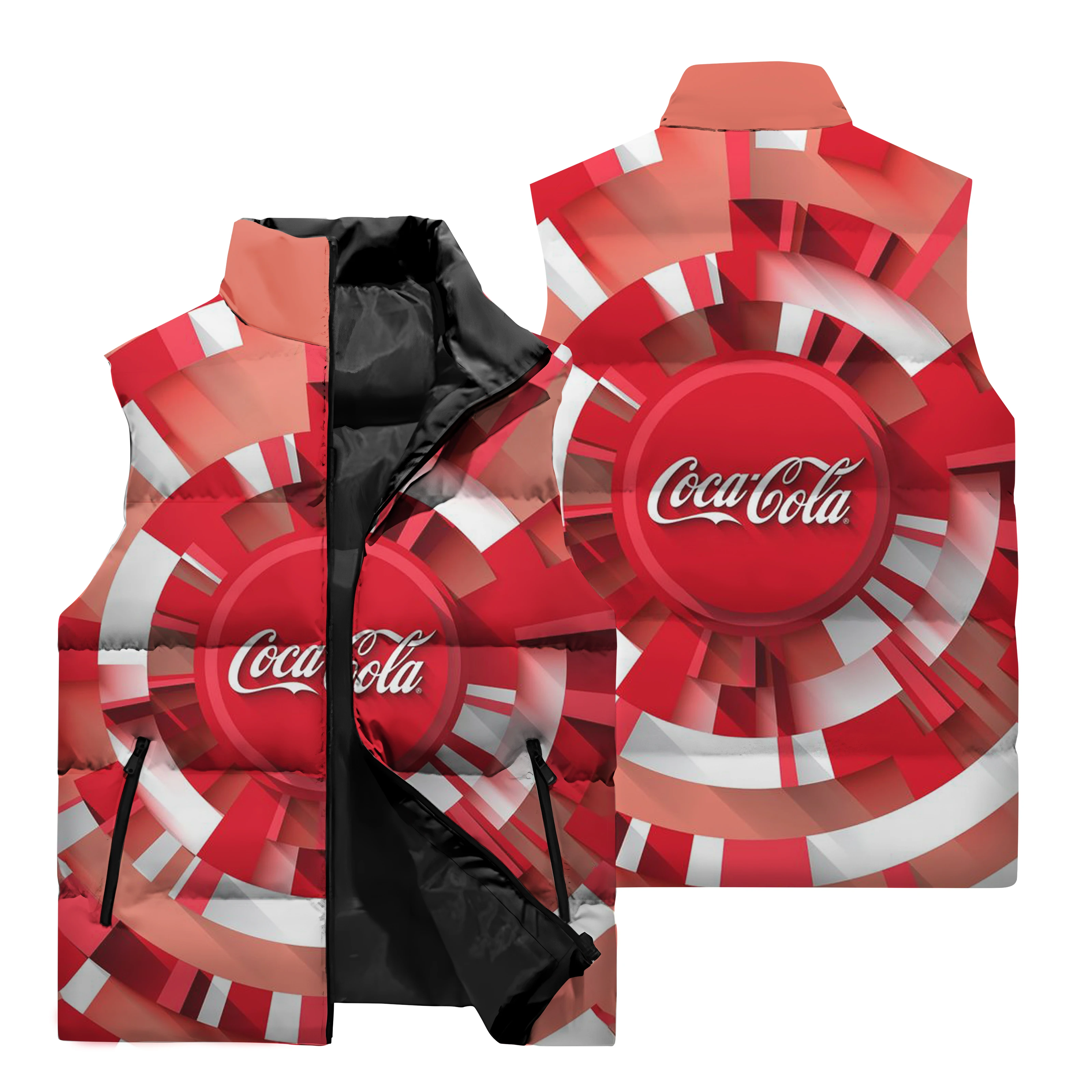 thumbnail image 2 of Nueva chaqueta sin mangas con estampado 3D de Coca-Cola para hombre, para deportes al aire libre, para correr, cortavientos, chaleco informal con cuello alto y cremallera para hombre, 2 of 5