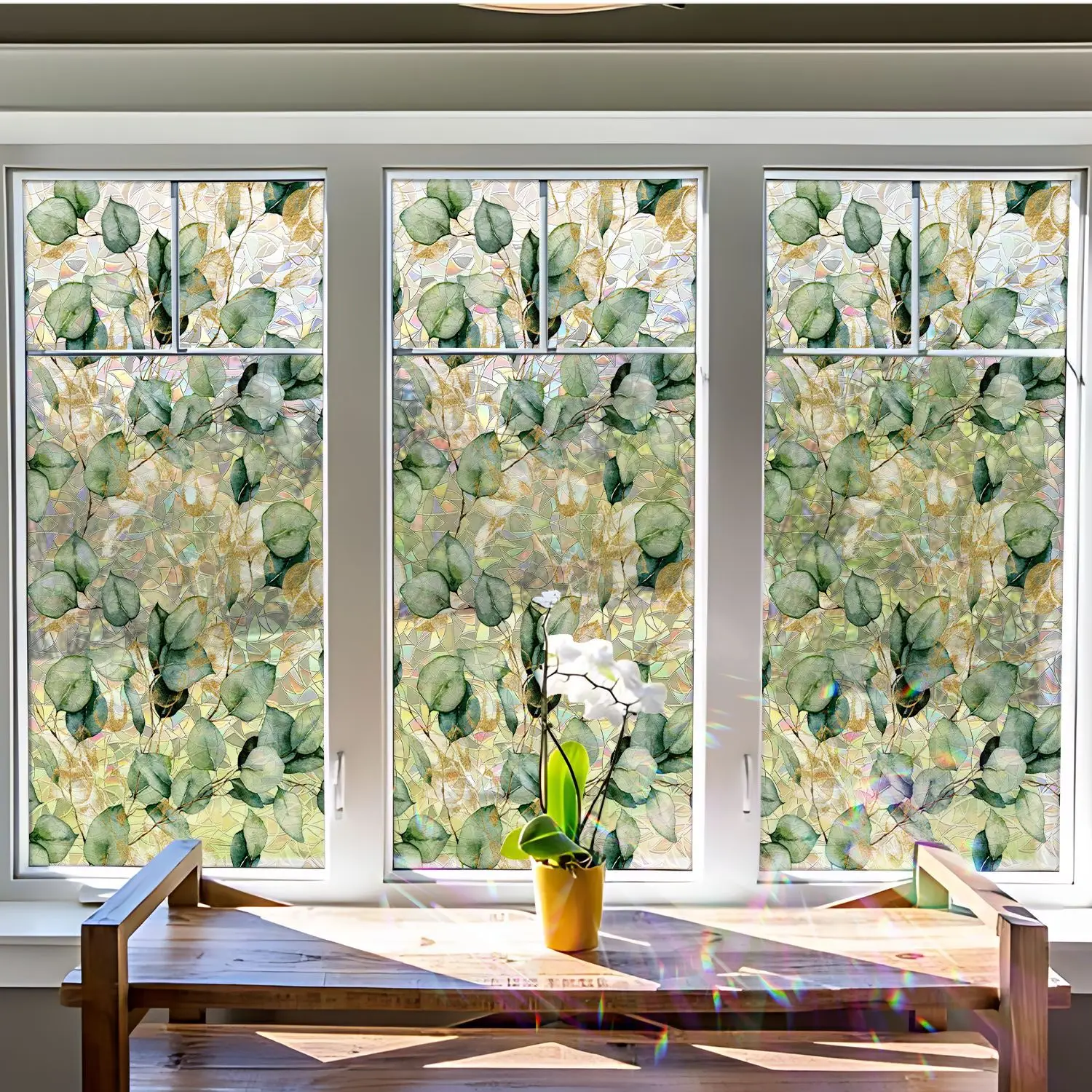 43x100cm Green Leaf Laser Window Film PVC Green Plant Electrostatic Privacy Window Stickers for Living Room Bedroom Glass Decor