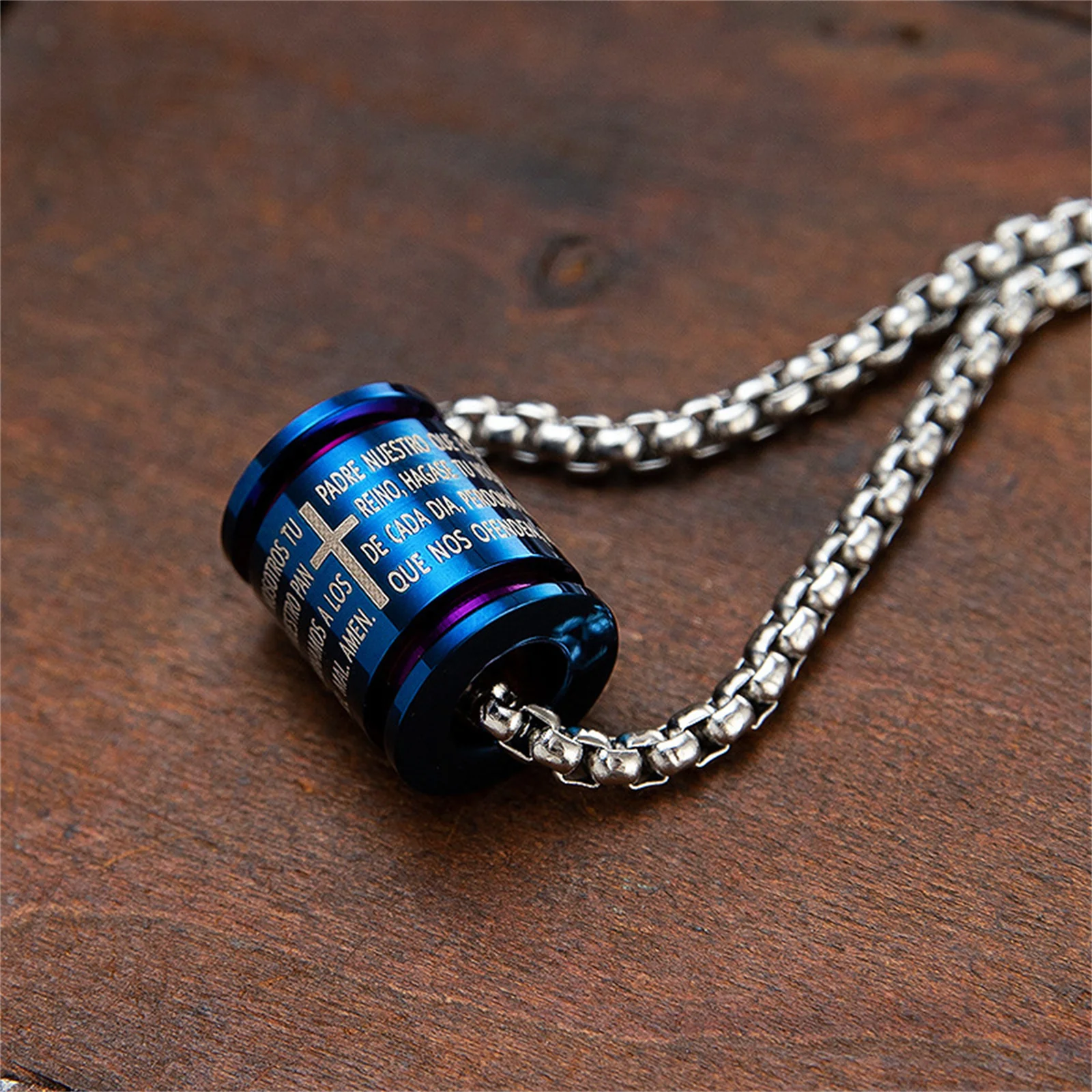 

Wheel Pendant with Spanish Lord's Prayer Cross Stainless Steel Necklace Multi Color Religious Jewelry for Men Women