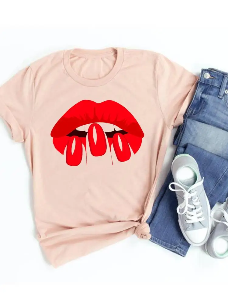 

Футболка женская летняя с принтом, милая тенниска с графическим принтом губ, модная повседневная майка с коротким рукавом для нейл-арта