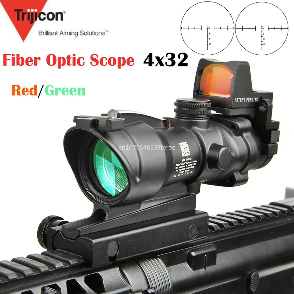 Red Dot Sight Tactical Magnifier Scope Trijicon ACOG 4X32 With RMR Real Fiber Optics Red Green Dot Illuminated Chevron Glass Etched Reticle Rifle Scope Hunting