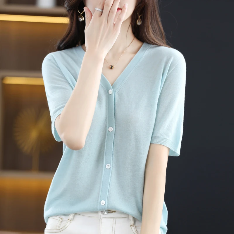 

Summer New Fine Imitation Wool Cardigan Ladies V-Neck Thin Section Short-Sleeved Solid Color Fashion Knitwear All-Match Top