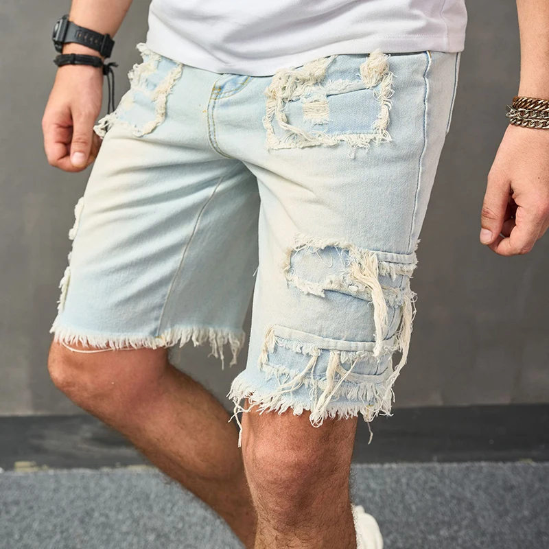 Y2K Style Ripped Design Mens Denim Shorts Summer Trendy Solid Color Slim Fit Jean Shorts Men Vintage Straight Denim Short Pant