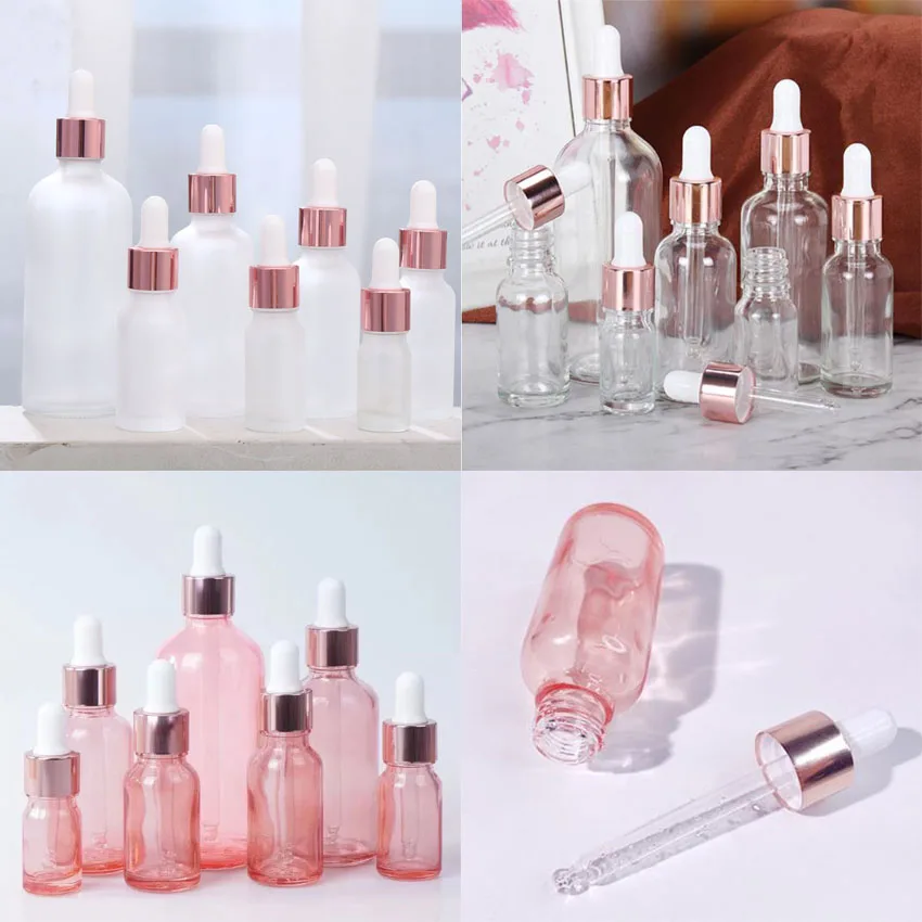 10Pcs 5ml-100ml Translucence Cosmetic Packaging Dropper Glass Bottle With Rose Gold Cover Essential Oil Refillable Bottles