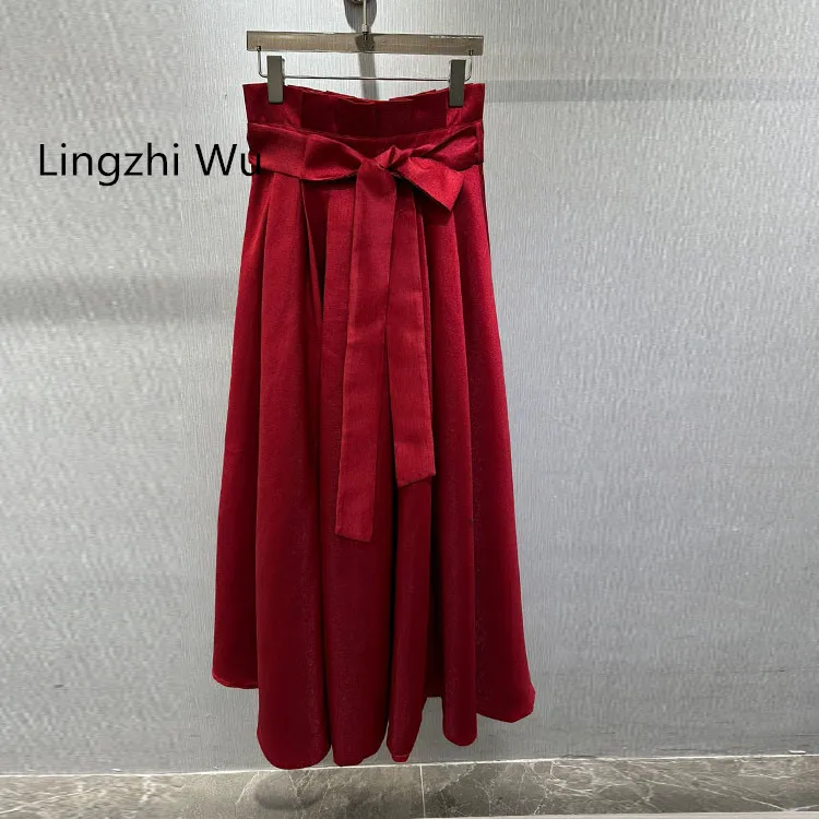 

Lingzhi Wu Long Skirt 2024 Spring Female Elegant Folds With Belt Expansion Bottom Long Skirts New Arrival
