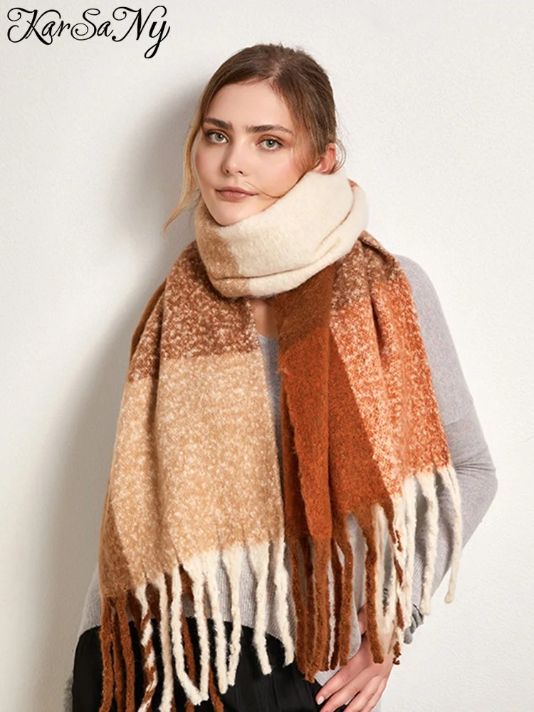 

KarSaNy Women Winter Thick Plaid Scarfs Wool Long Soft Classic Autumn Tassel Shawl Large Warm Mohair Scarfs For Women
