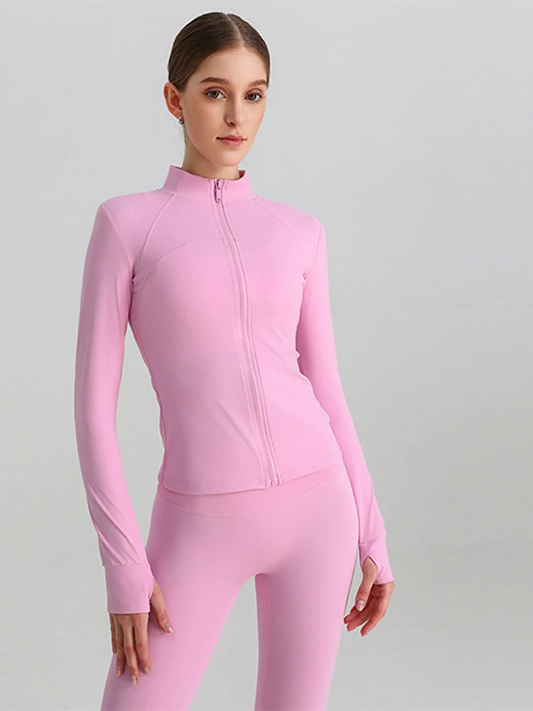 Description Picture 3 of item2025 New Gym Fitness Sports Jacket Women's Slim Long Sleeve Thumbholes Waist Cinching Stretch Coat Fashion Ladies Yoga Sportwear