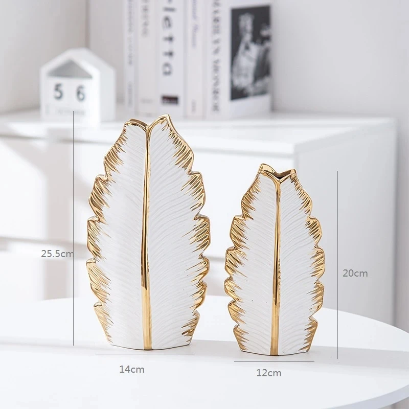 2Pcs/Nordic black gold plating leaf ceramic vase Modern simple household TV cabinet decoration vase 4
