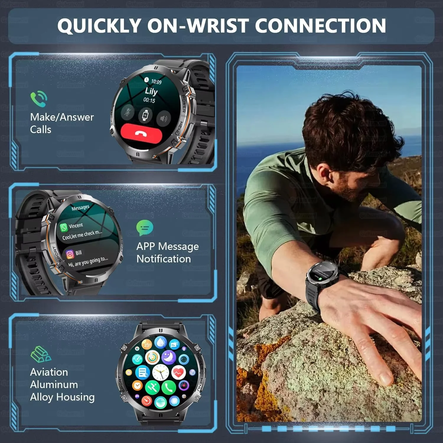 2026 Outdoor T-Rex3 Men GPS SmartWatch 1000mAh Battery HD AMOLED Screen Compass 10ATM Waterproof 100+Sports Bluetooth Call Watch 6