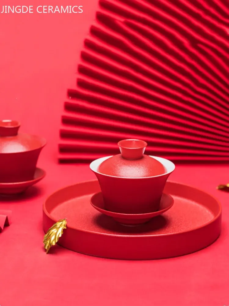 130ml Red Ceramic Gaiwan Chinese Wedding Tea Set Handmade Porcelain Teacup Home Beauty Tea Infuser Portable Cup with Lid