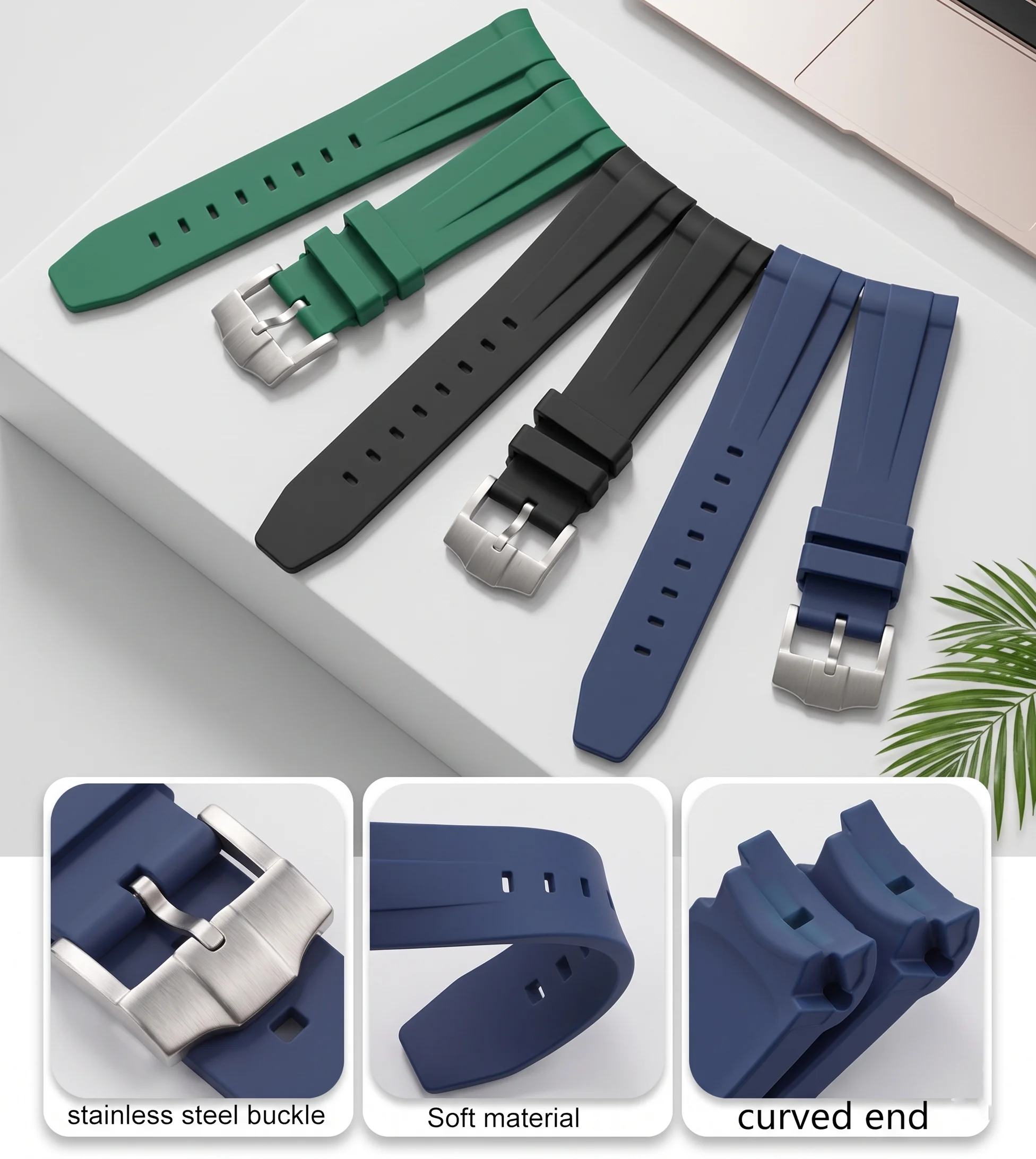 Premium 20mm Curved End Silicone Watch Band - Waterproof Rubber Dive Strap